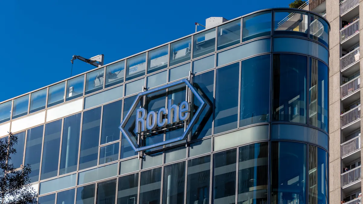 Exterior view of the building housing the headquarters of Roche France, French subsidiary of the Swiss pharmaceutical group F. Hoffmann-La Roche