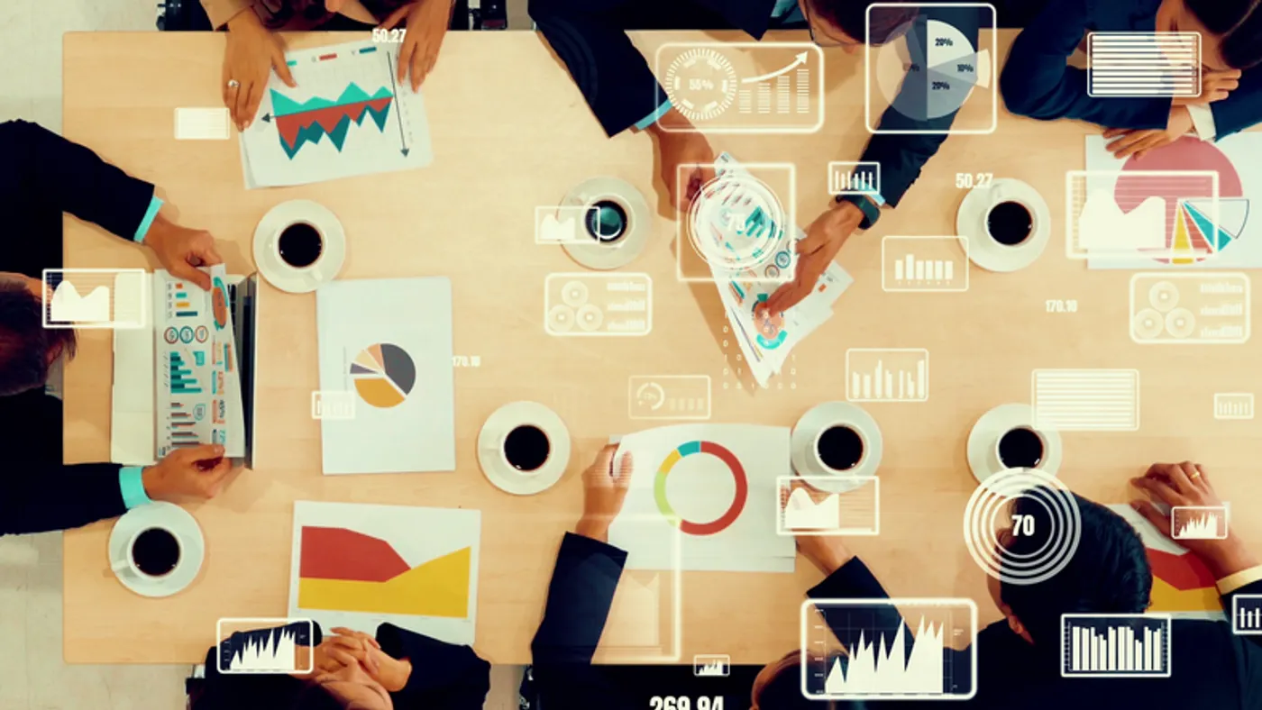 Creative visual of business people in corporate staff meeting . Concept of digital technology for marketing data analysis and investment decision making .