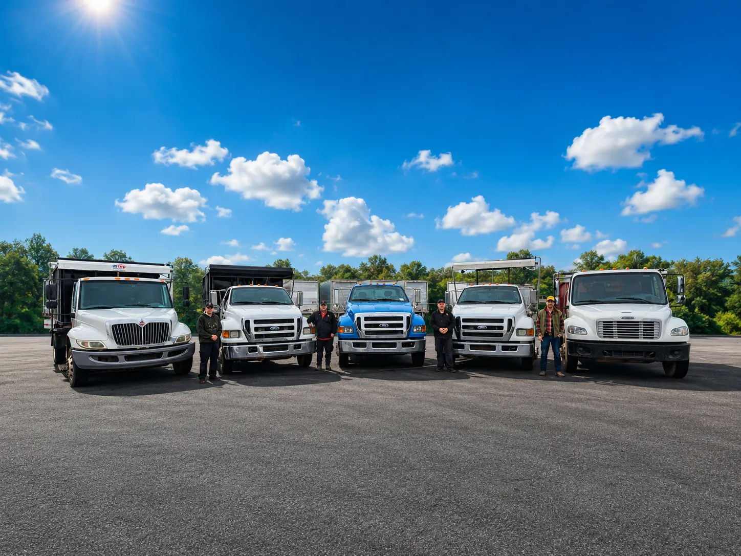 Four people stand alongside waste collection trucks in a parking lot