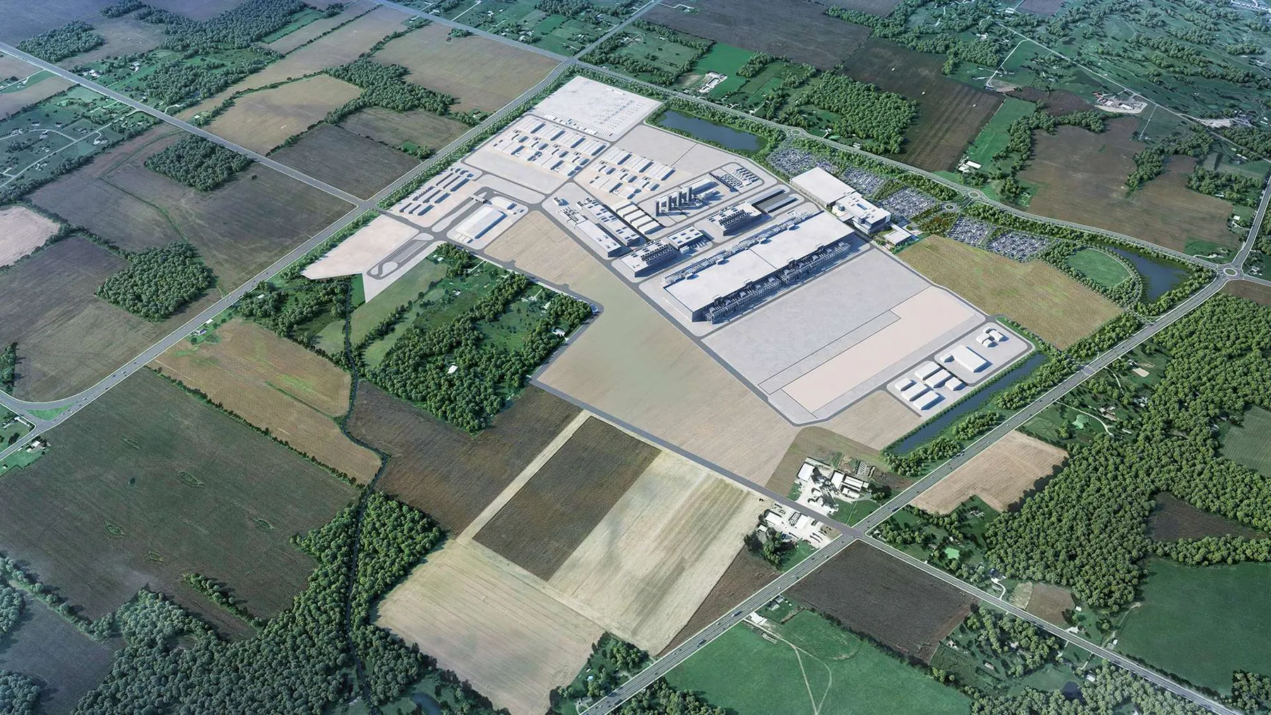 A rendering shows plans for two new leading-edge Intel processor factories in Licking County, Ohio.