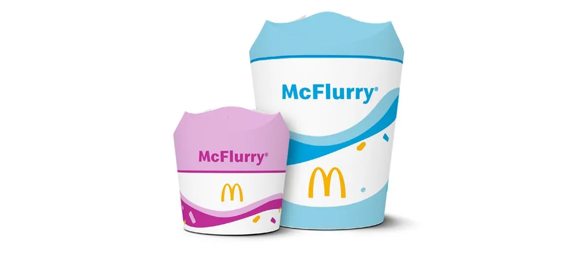 Two sizes of McDonald's McFlurry ice cream treat in cups with four flaps at the top.