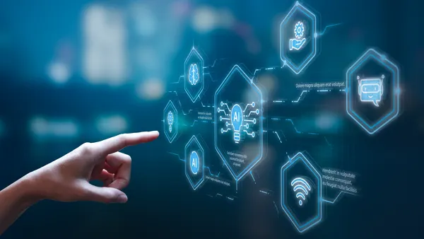 Business person touch AI screen for technology and Artificial Intelligence concept. Internet of Thinking and data analysis.