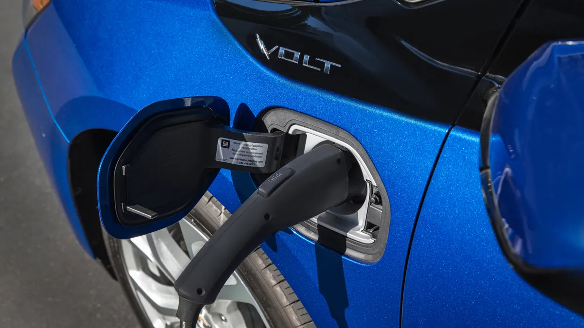 The charging port of the 2016 Chevy Bolt plug-in hybrid, which has been discontinued.