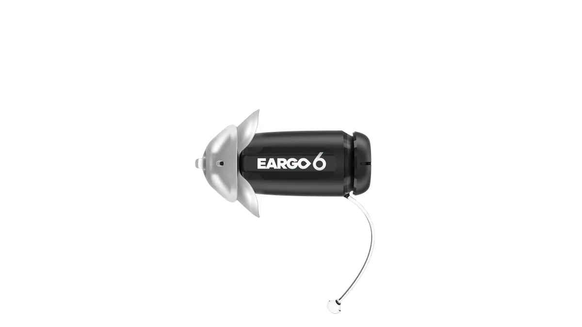 A close up of the Eargo 6 hearing device.