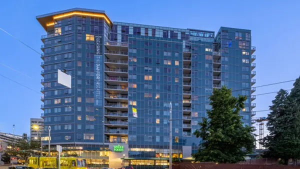 Modern glass, high-rise apartment building