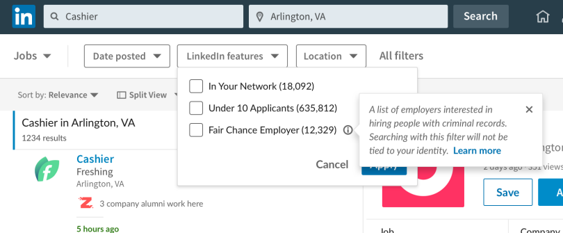 LinkedIn Fair Chance job filter
