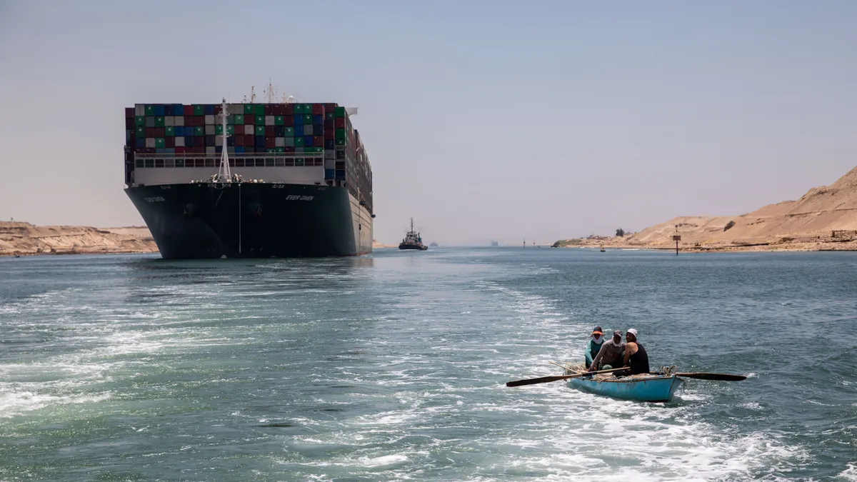 Evergreen ship is seen leaving Suez Canal to the Mediterranean in Ismailia, Egypt.