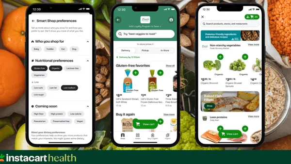 Visual showing three screenshots of the Instacart app.