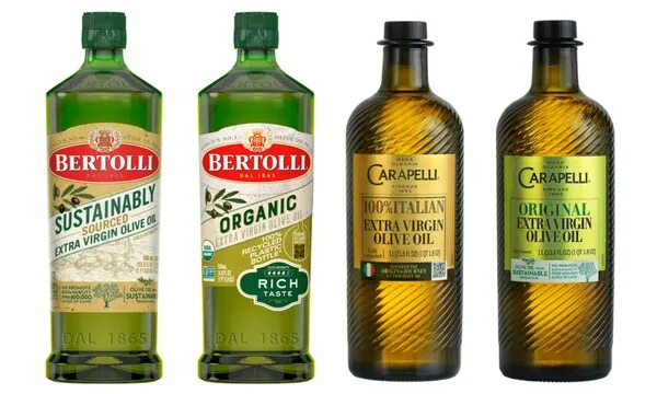 Four bottles of Carapelli and Bertolli olive oil.