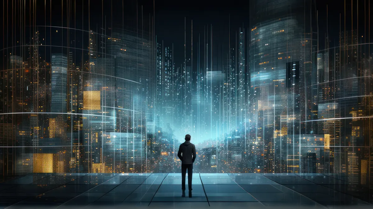 AI generated image of person standing in front of digital data