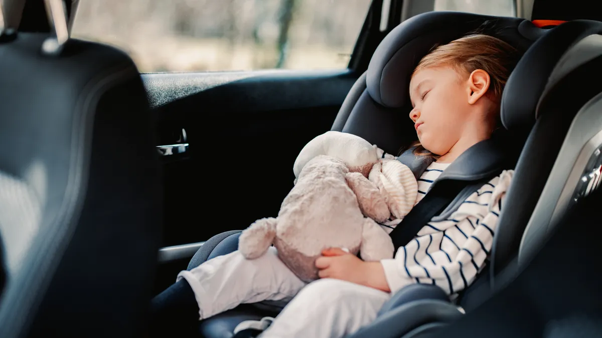 A child sleeping in a car seat.