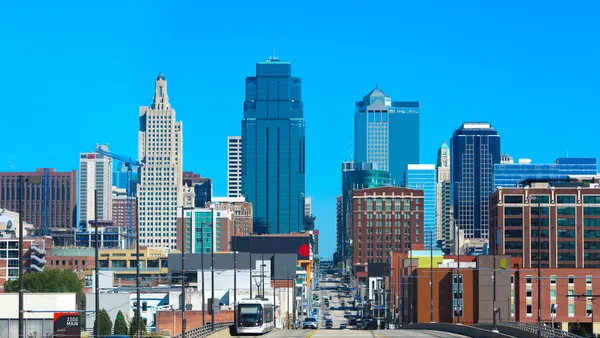 Aerial view of Kansas City with a KC Streetcar present in street