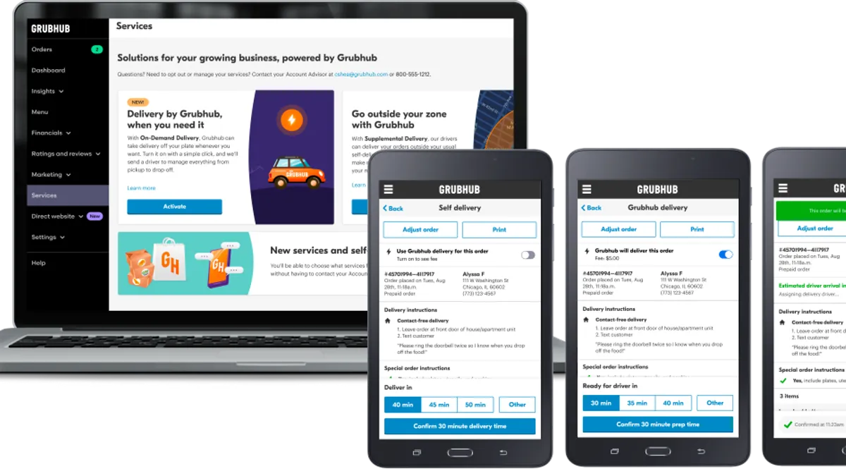 An image of Grubhub on-demand delivery platforms in a computer and mobile screens.