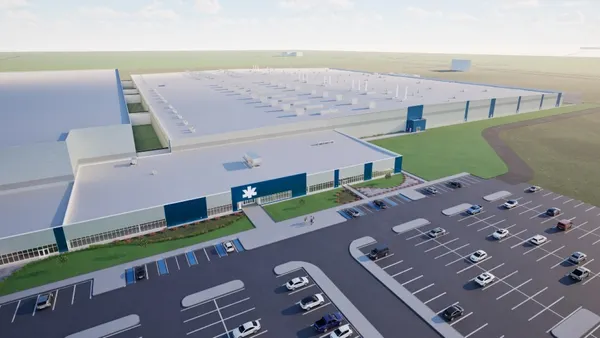 A rendering of a blue and white building with a parking lot in front of it.