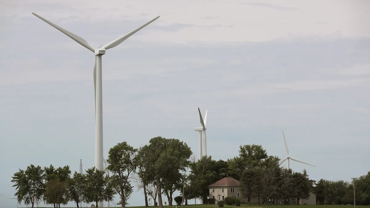 Windmills in a rural area.