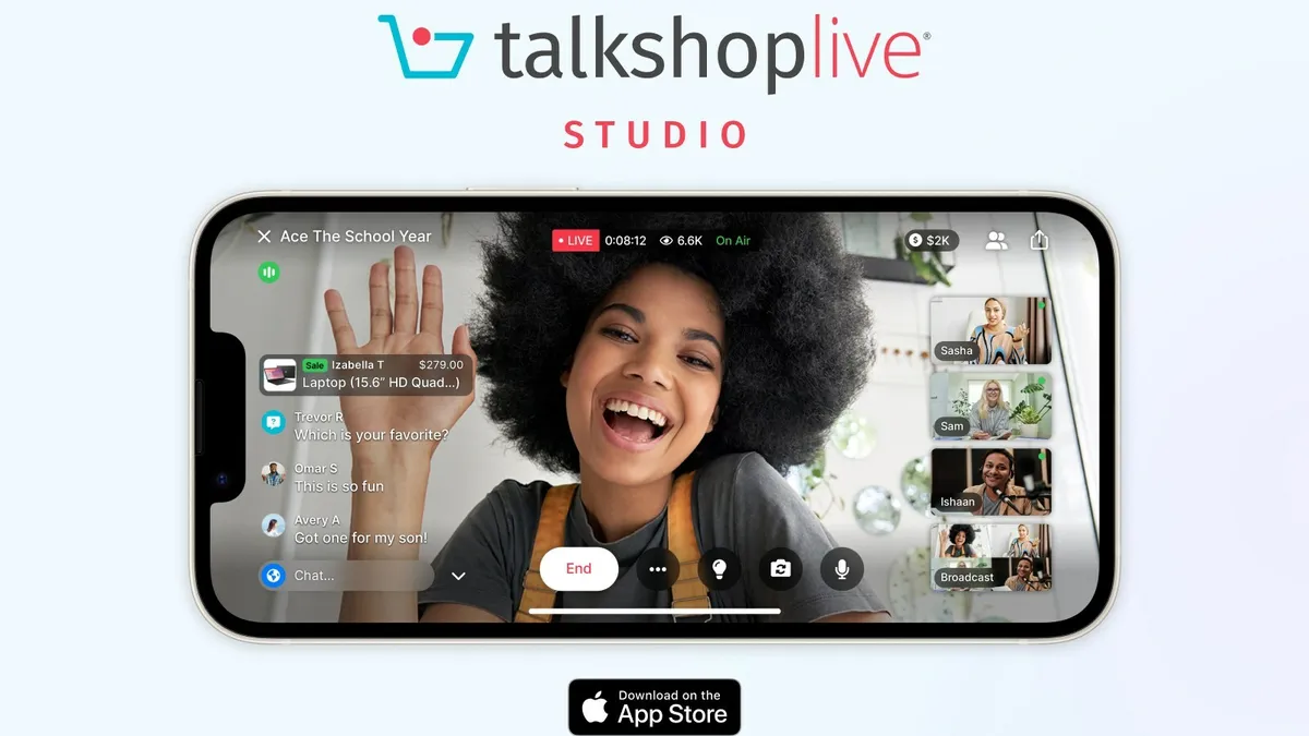 A person on a mobile phone with the TalkShopLive app.