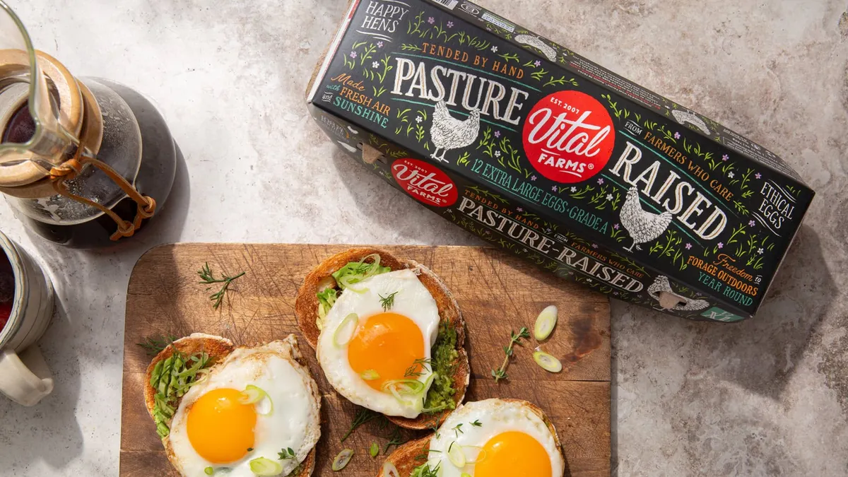 A container of Vital Farms eggs.