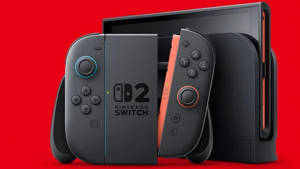 The Nintendo Switch 2 console is displayed against a red backdrop.