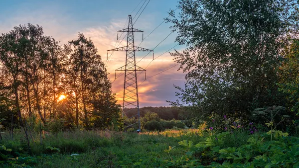 High voltage power line in forest at sunset