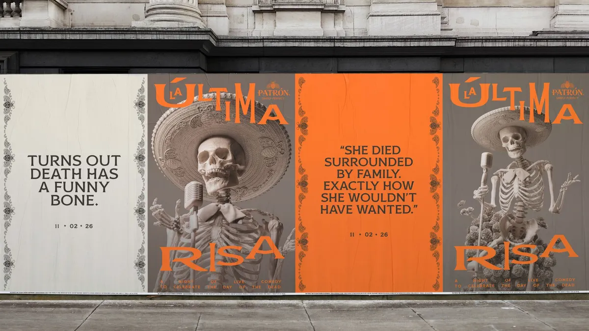 Signs for Patrón's Day of The Dead comedy show in New York.
