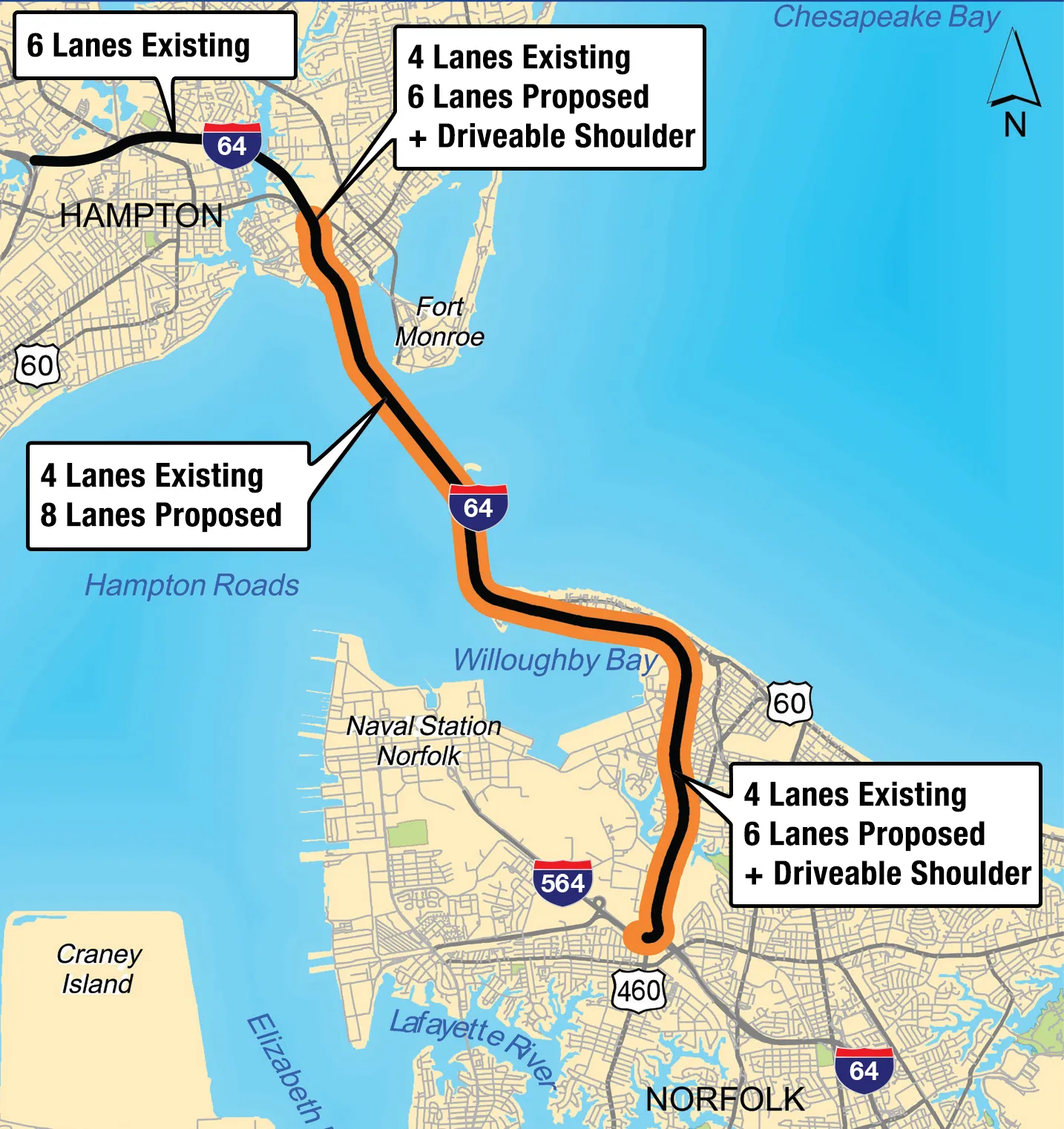 Map shows the section of I-64 where the Hampton Roads Bridge-Tunnel will be expanded, mostly from 4 to 8 lanes.