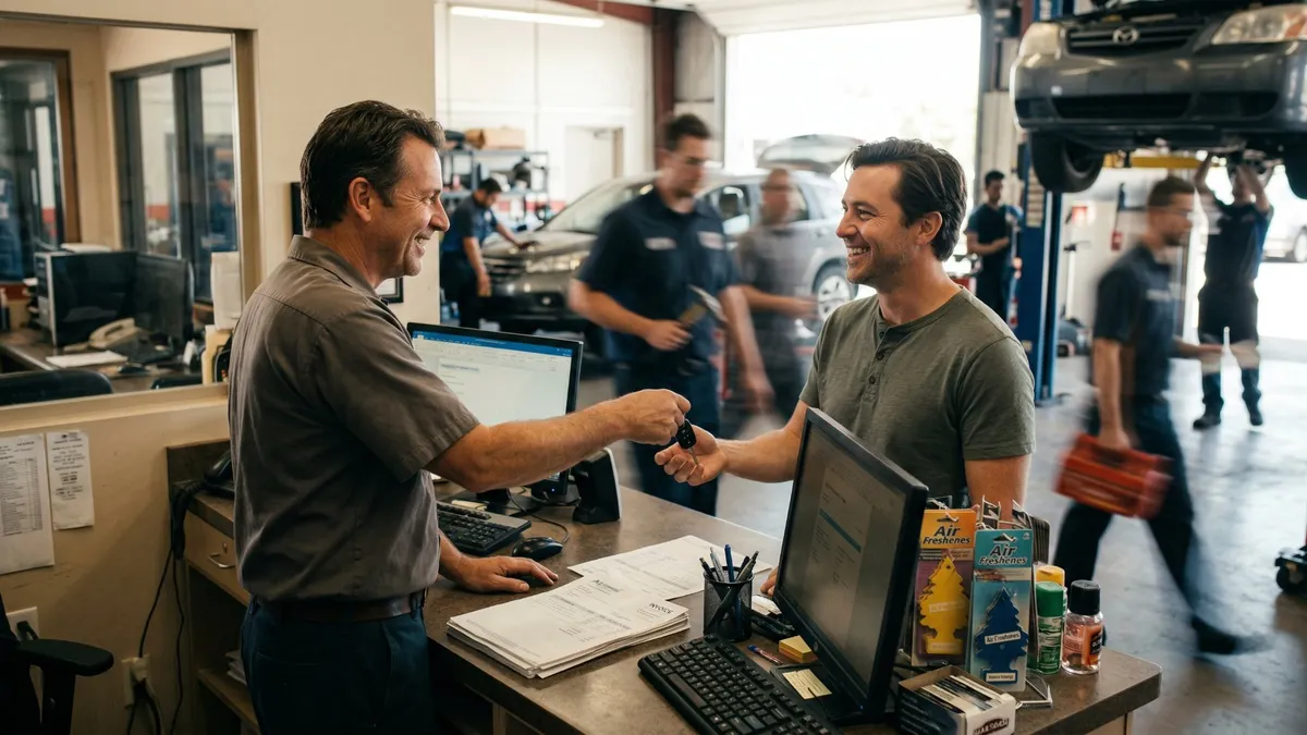 A service desk in an auto repair shop where a man in a gray uniform hands a car key to a smiling customer