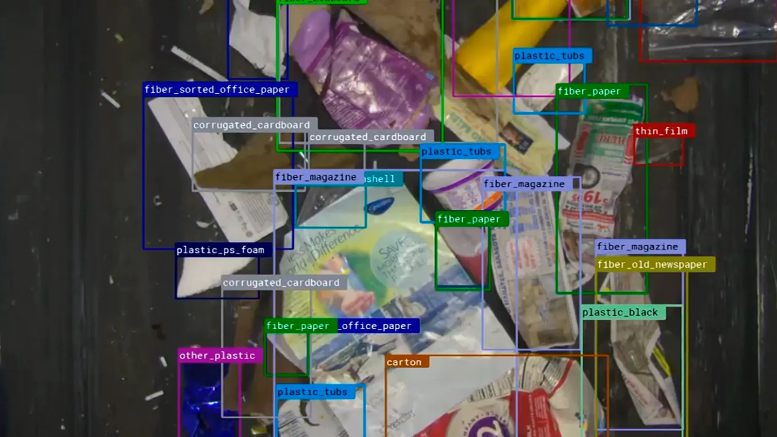 A screenshot of AMP Robotics' AI identification of mixed plastic materials on a conveyor belt.