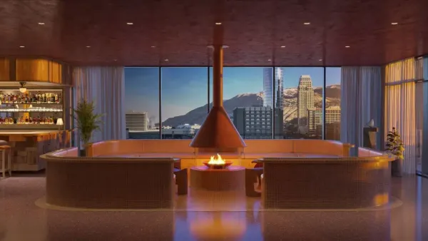 Inside of a hotel lobby with a bar