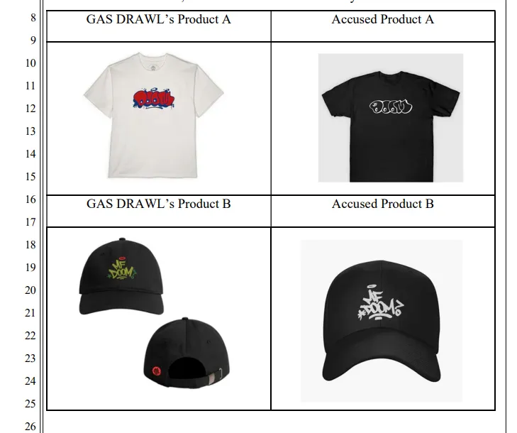 Side by side images of MF Doom products and allegedly infringing Temu products.
