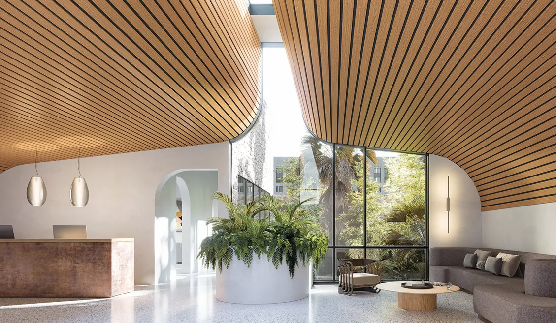 A room with a wood-look ceiling.