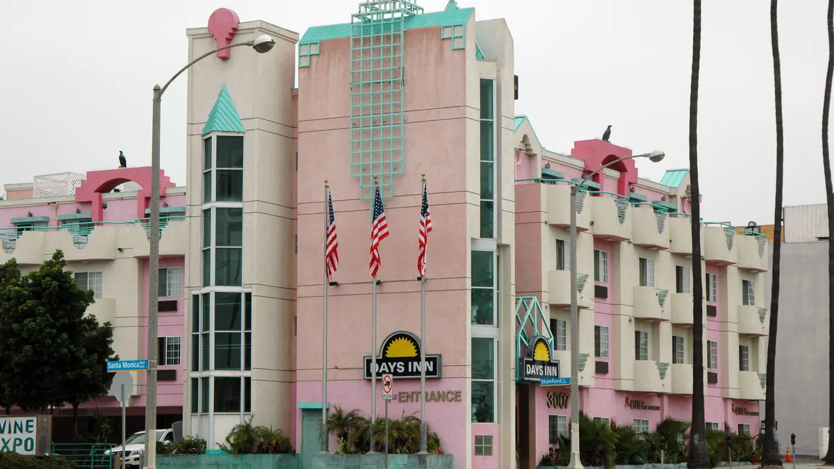 A pink and blue hotel
