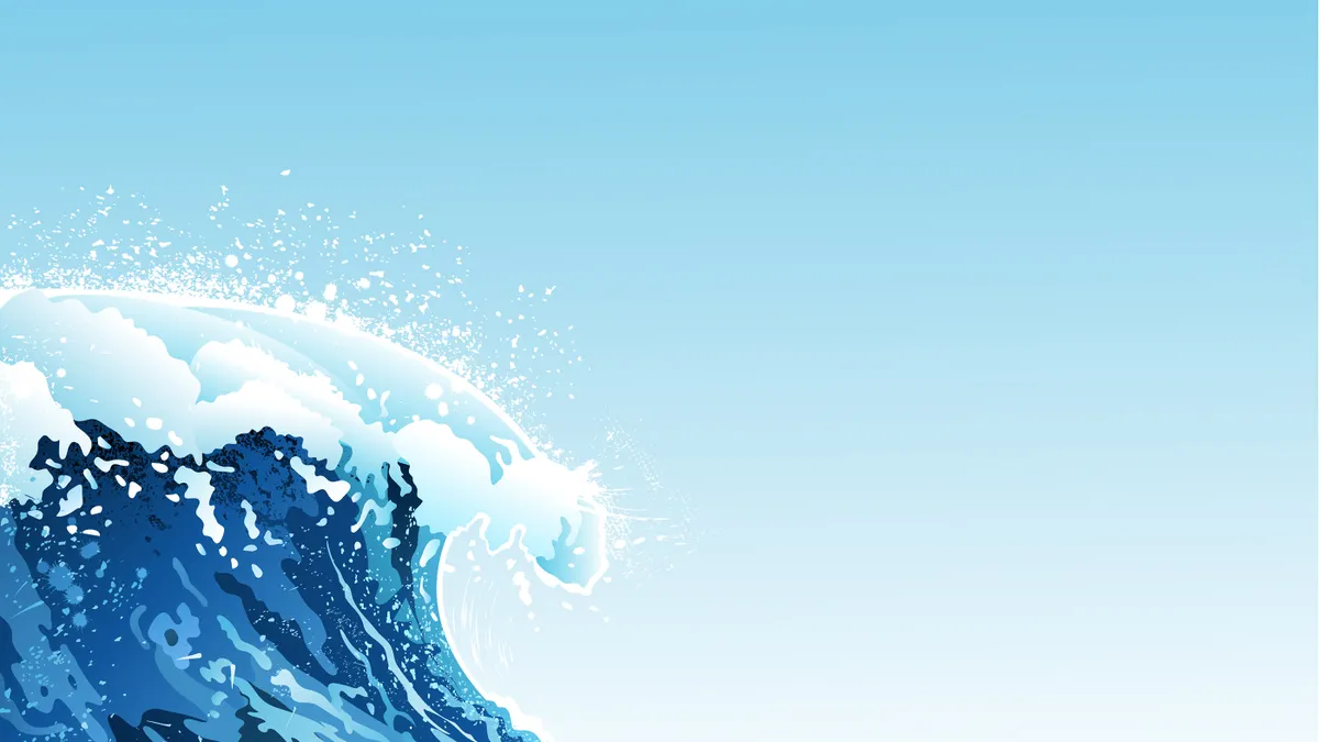 Illustration of a large blue ocean wave cresting against a pale blue sky.