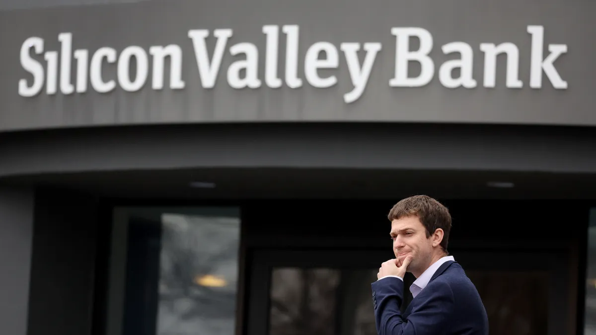 A customer stands outside of Silicon Valley Bank