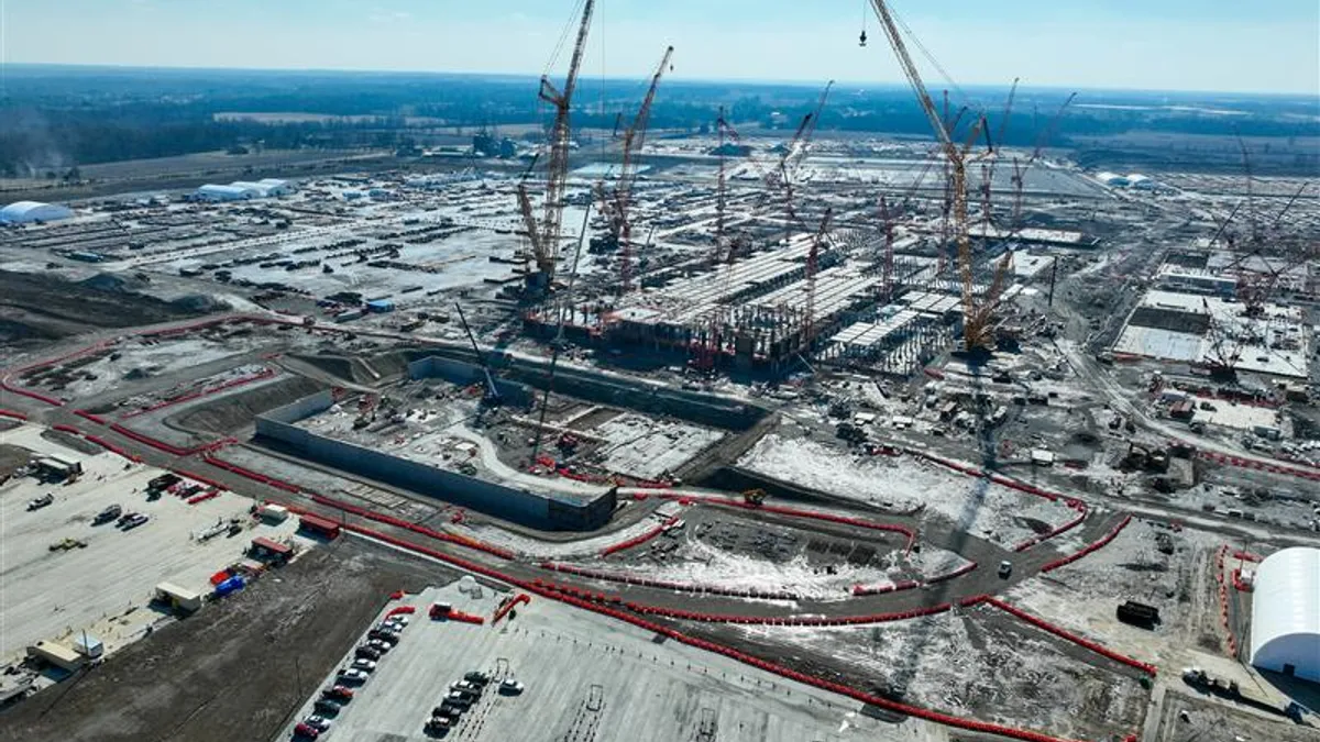 An aerial view from February 2025 that shows construction progress at Intel's Ohio One campus.