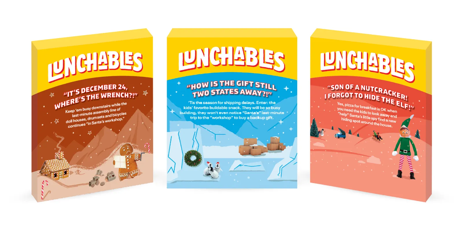 Three varieties of Lunchables Holiday Packs, with the parent-targeted outer boxes, on a white background.