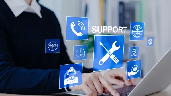 oman using laptop with support icons, representing technical assistance, customer service, and 24/7 help solutions in business. call center, help desk
