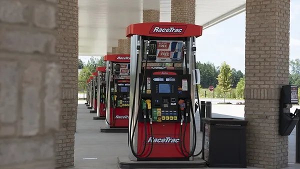 A photo of fuel pumps. The pumps read "RaceTrac."
