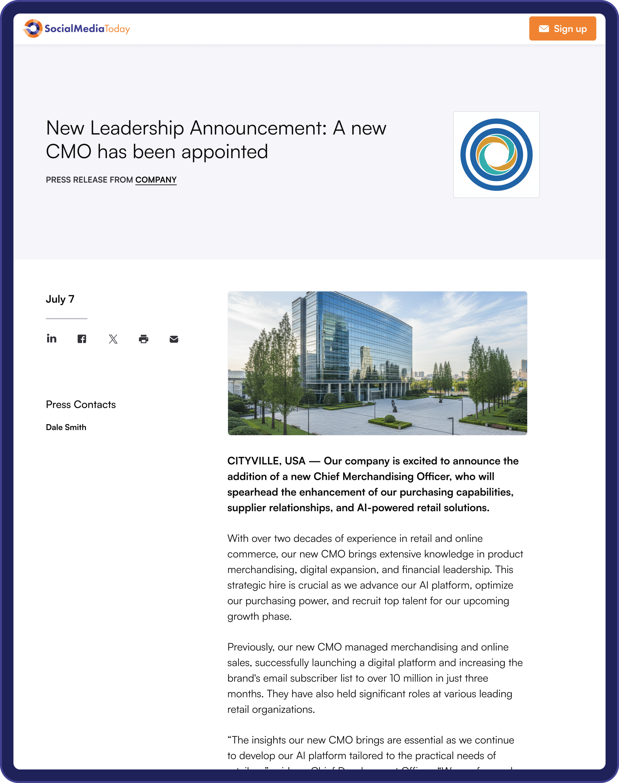 A press release posted on an Industry Dive publication.