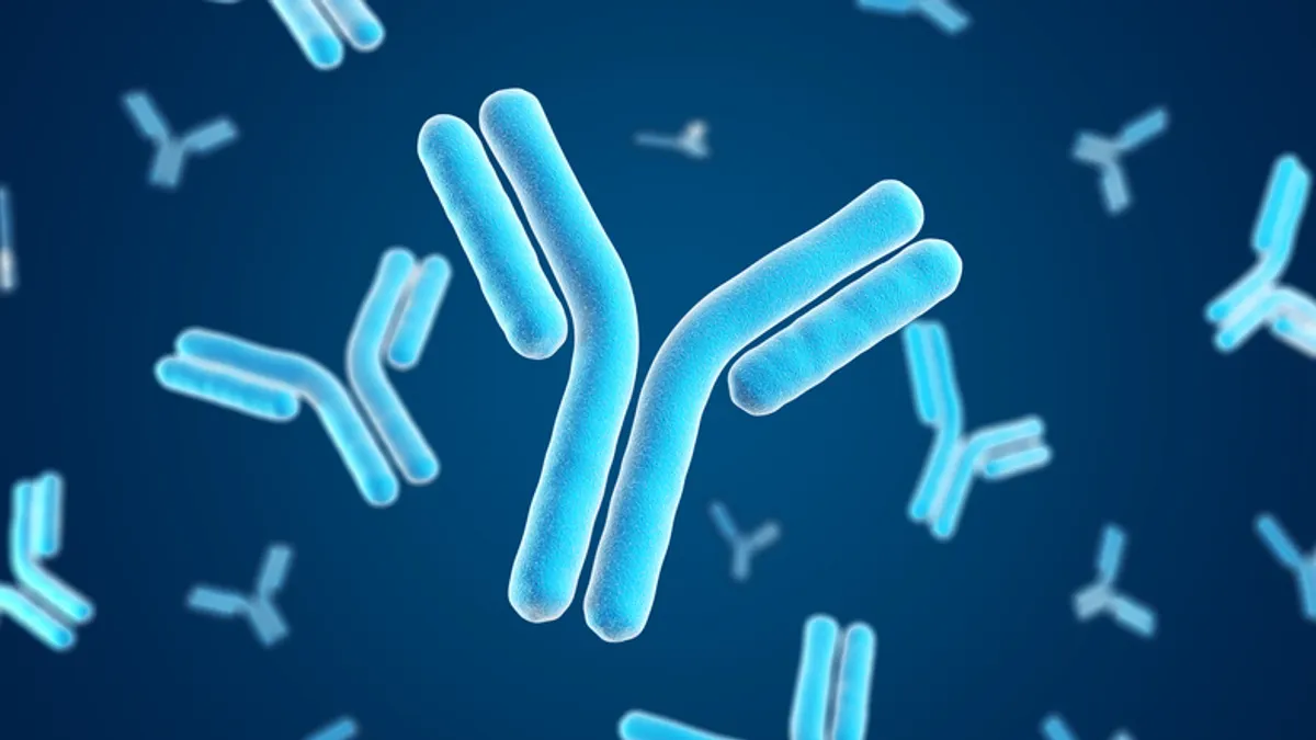 An antibody is colored blue in this stylized illustration.