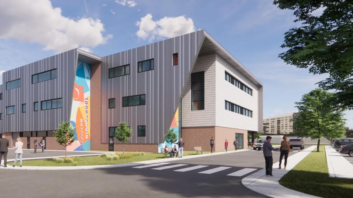 A rendering of a new building on a bright blue day, low-ish to the ground and modern.