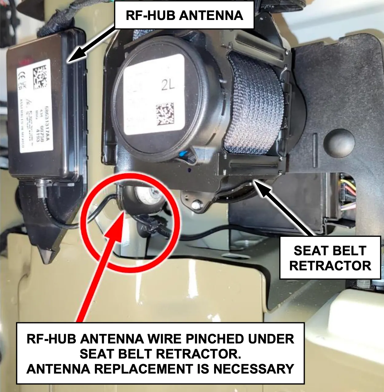 A service guide showing a photo of a pinched antenna cable under a Jeep Wrangler seat belt bracket.