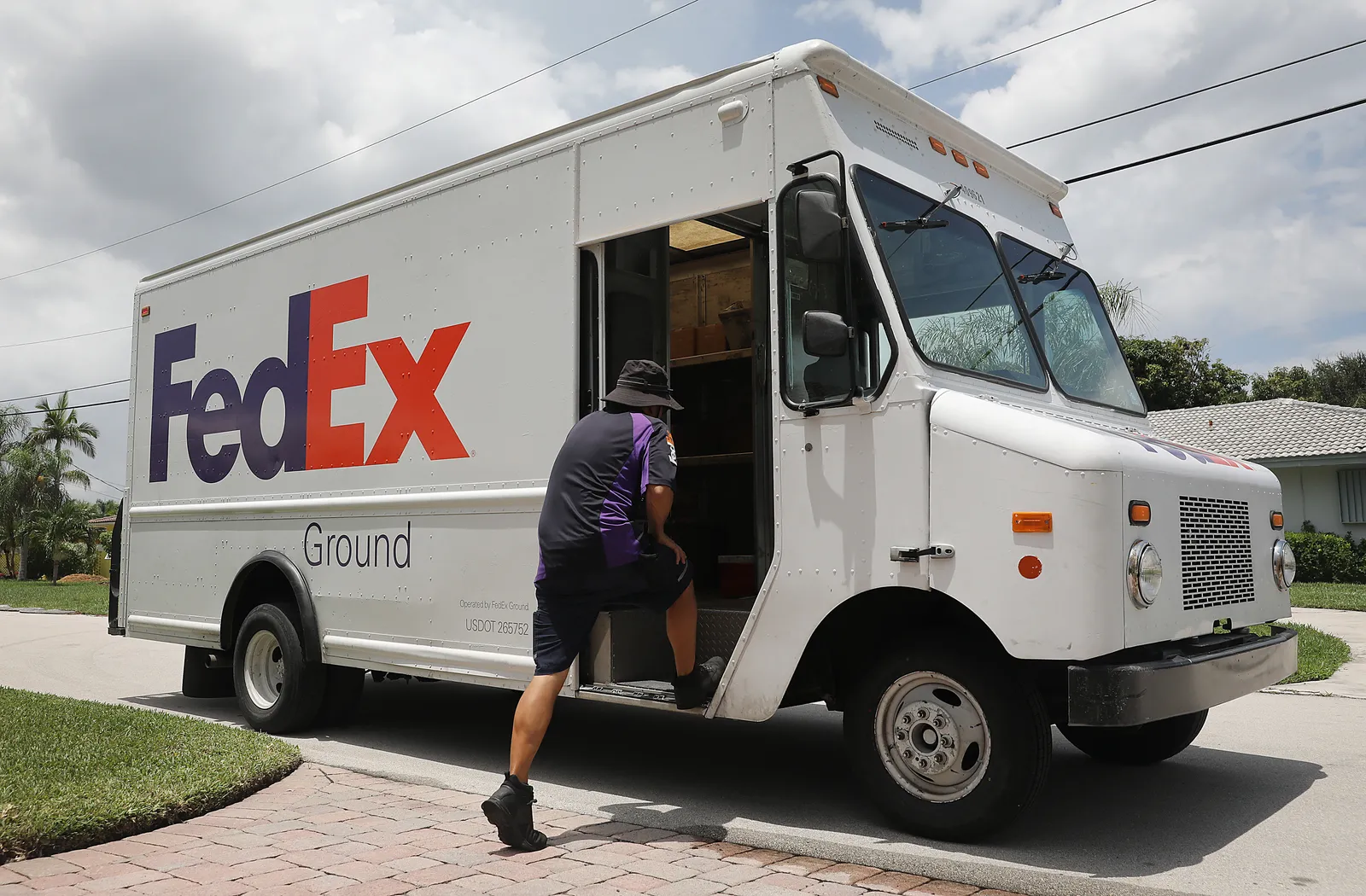 A FedEx delivery truck is seen on August 7, 2019 in Fort Lauderdale, Florida.