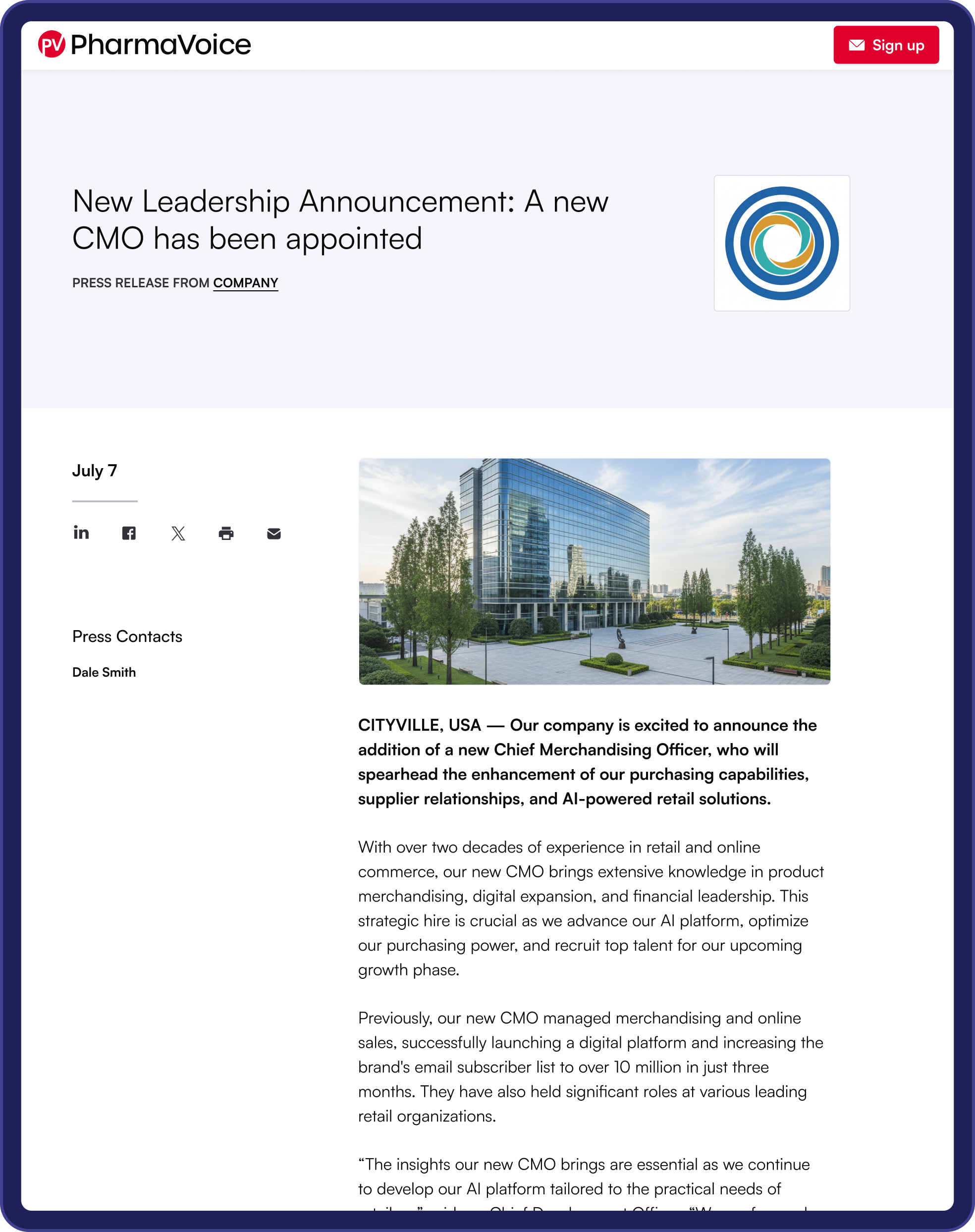 A press release posted on an Industry Dive publication.