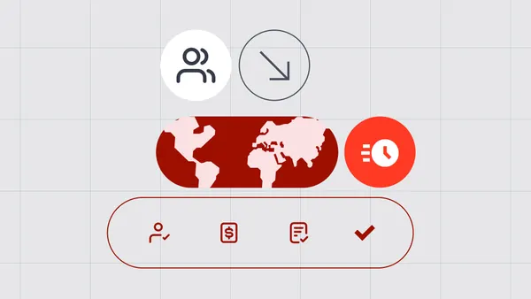 An illustration with shapes around a clock, globe, and checklist.
