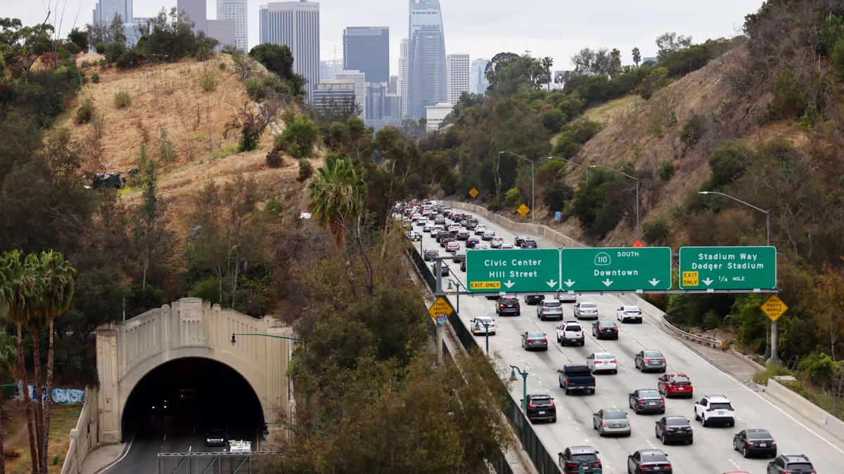 Cars make their way toward downtown L.A. during the morning commute