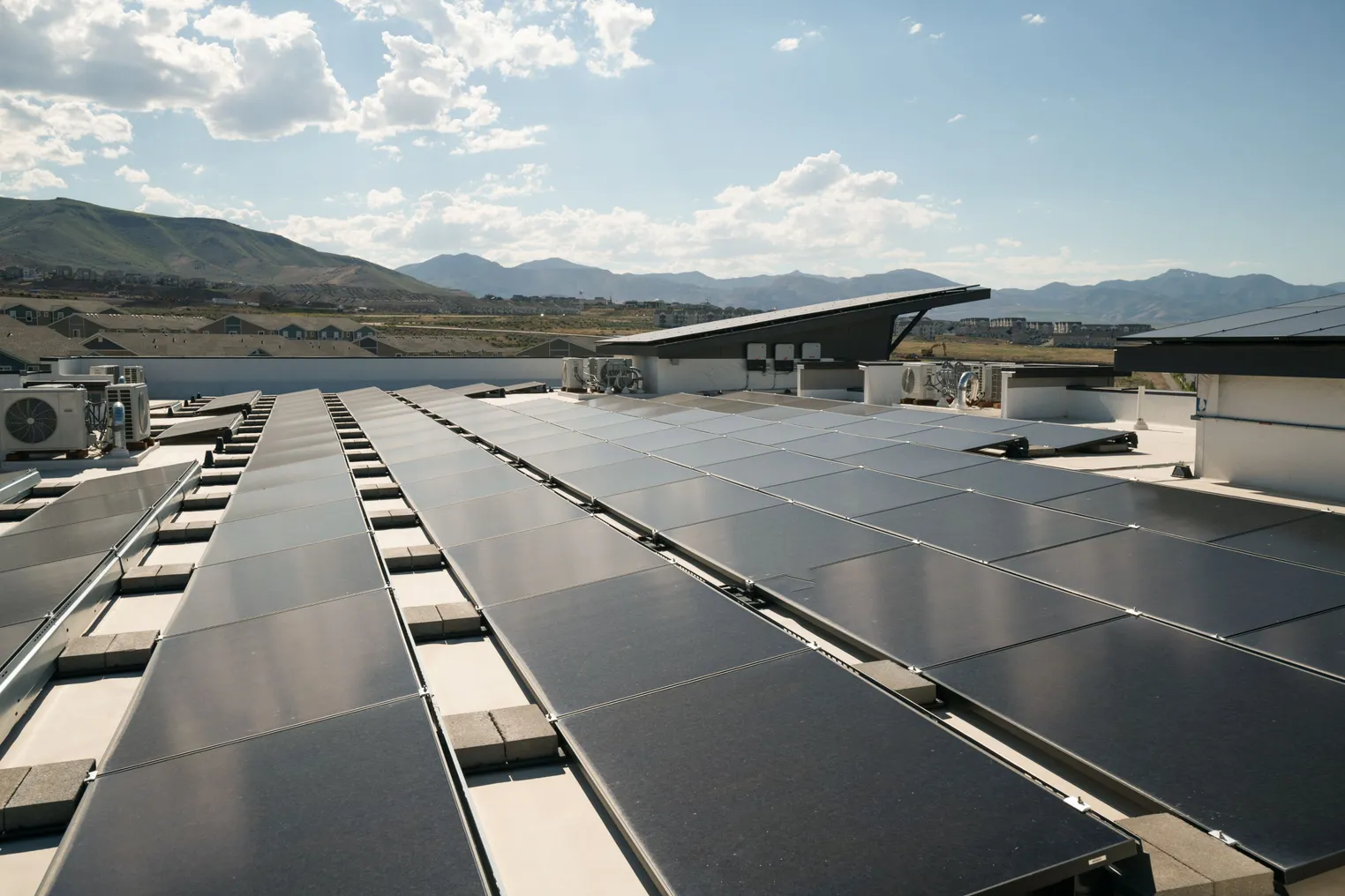 Rooftop solar panels at the Soleil Lofts apartment complex in Herriman, Utah