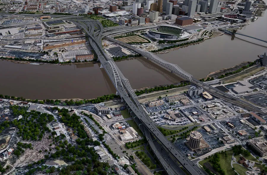 A rendering shows the redesigned Brent Spence Bridge and companion crossing in Cincinnati.