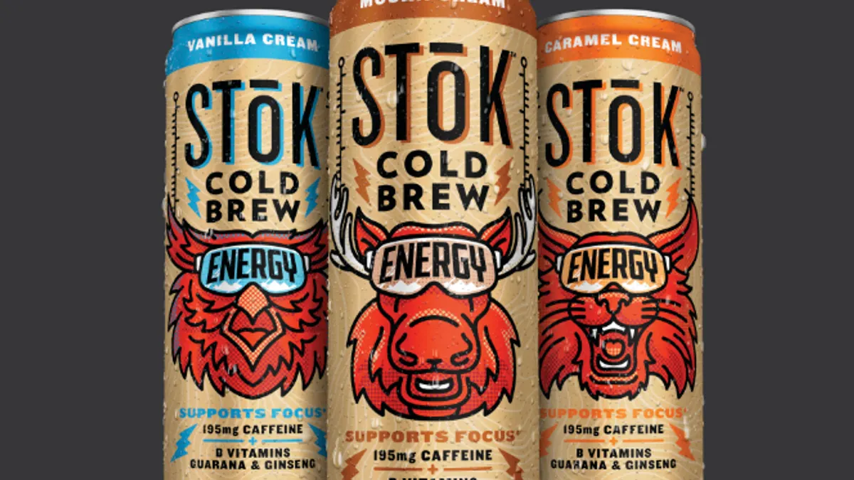 Cans of STōK Cold Brew Energy drinks.