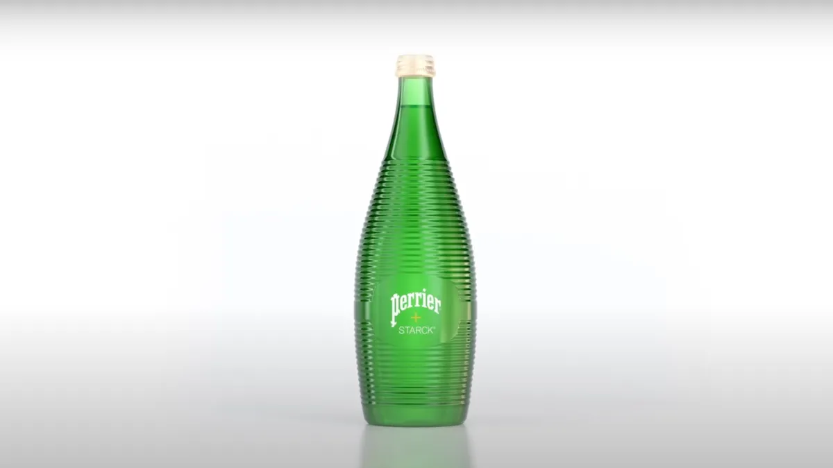 Perrier's redesigned green glass bottle with ridges.