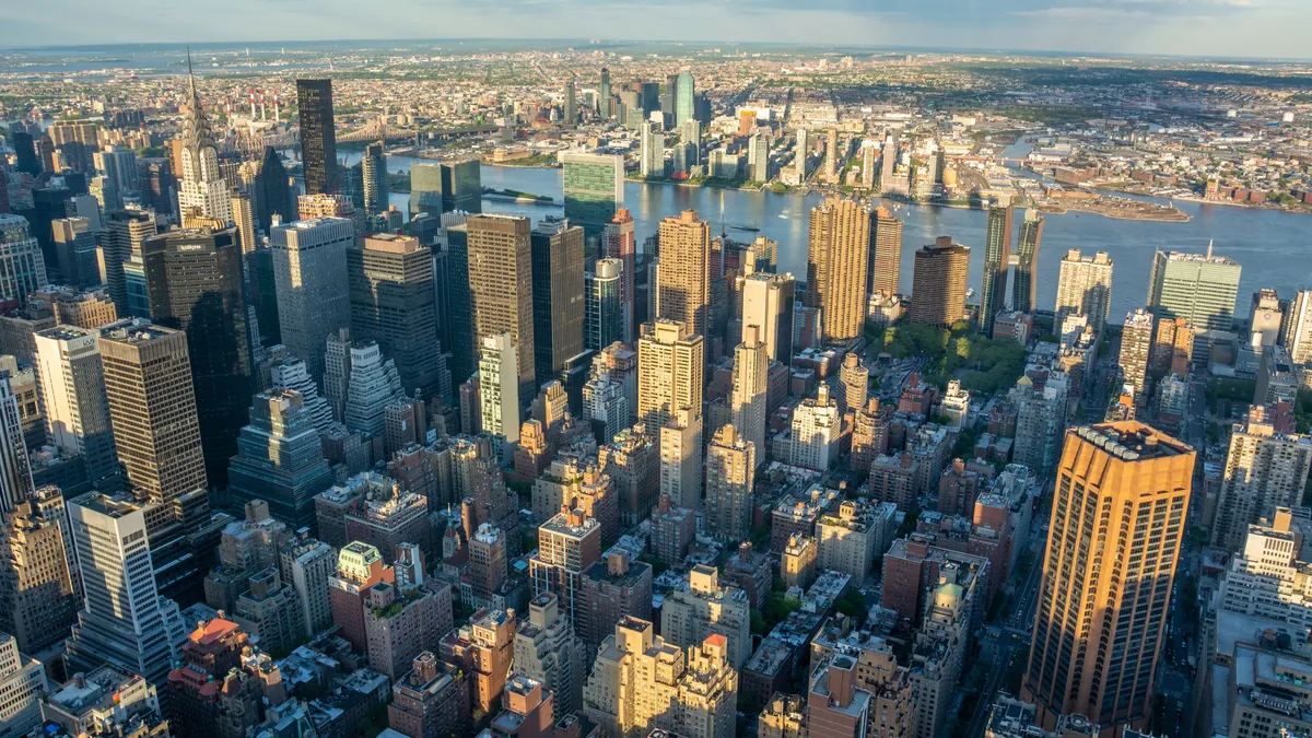 Aerial view over Midtown, Kips Bay, Murray Hill, Tudor and Medical City neighborhoods of Manhattan in New York City.